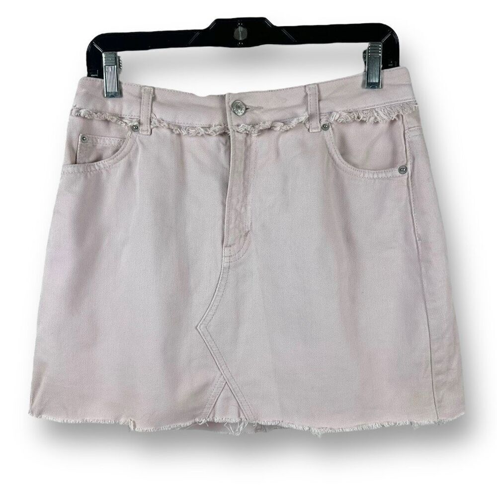 TopShop Moto Women's‎ 8 Raw Hem Fringe Denim Mini Skirt Khaki Beige Y2K Style